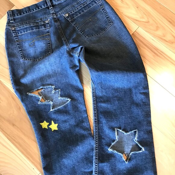 Upcycled Jones New York Destroyed Ripped Jeans, Stars & Bolts Cutouts, Size 4 - Picture 8 of 12